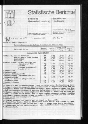 Verbraucherpreise in Hamburg September und Oktober 1976 : Lfd. Nr. 11