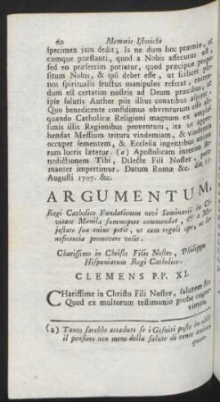 Argumentum. Regi Catholico Fundationem novi Seminarii ... Charissimo in Christo Filio Nostro, Philippe Hispaniarum Regi Catholico. Clemens PP. XI.