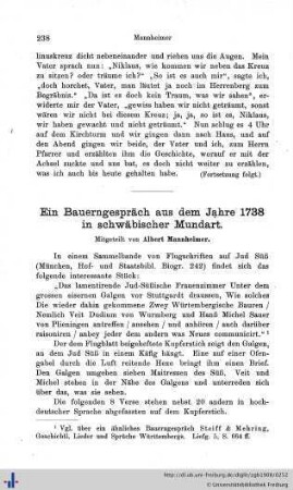 Ein Bauerngespräch aus dem Jahre 1738 in schwäbischer Mundart.