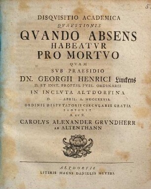 Disquisitio academica quaestionis Quando absens habeatur pro mortuo