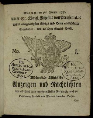 No. 1. Montags, den 3ten Januar 1780.