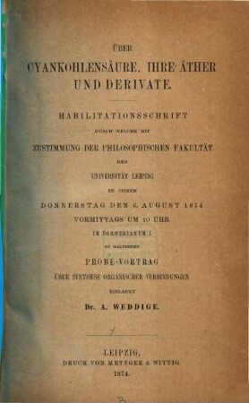 Über Cyankohlensäure, ihre Äther und Derivate : Habilitationsschrift