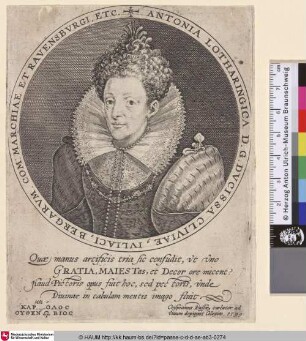 Antonia Lotharingica D.G. Ducissa Cliviae, Iuliaci, Bergarum. Com: Marchiae et Ravensburgi, etc.
