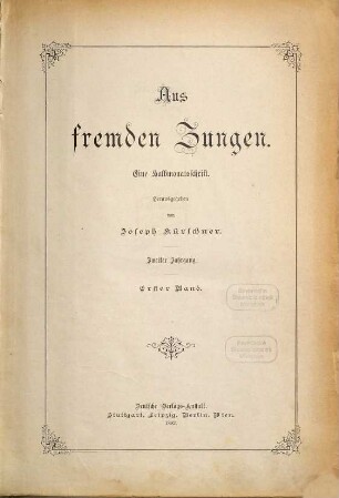 Aus fremden Zungen : Zeitschr. für d. moderne Erzählungslitteratur d. Auslandes. 2,1. 1892