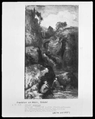 Felsenschlucht mit Bach und zwei Figuren