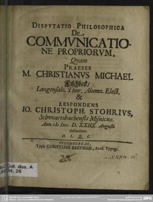 Disputatio philosophica de communicatione propriorum