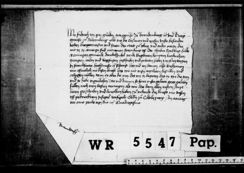 Markgraf Friedrich von Brandenburg verspricht Ulm und den anderen Städten seiner Einung das Geleit zur Frankfurter Herbstmesse.