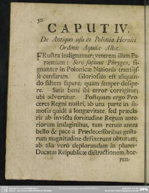 Caput IV. De Antiquo usu in Polonia Heroici Ordinis Aquilae Albae