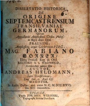 Diss. ... de origine septem castrensium Transilvaniae Germanorum