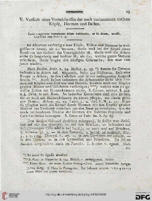 V: Versuch eines Verzeichnisses der noch vorhandenen antiken Köpfe, Hermen und Büsten