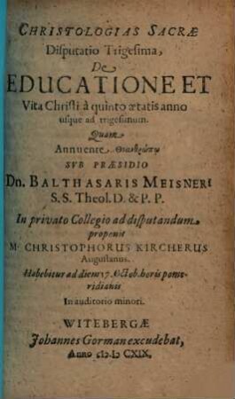 De Educatione Et Vita Christi â quinto aetatis anno usque ad trigesimum