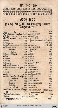 Register so nach der Zahl der Paragraphorum eingerichtet