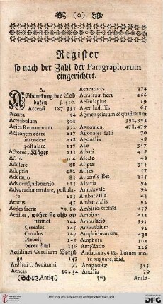 Register so nach der Zahl der Paragraphorum eingerichtet