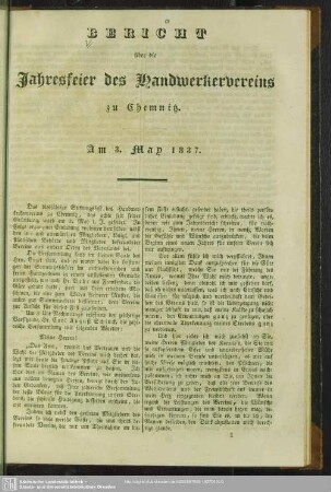 Bericht über die Jahresfeier des Handwerkervereins zu Chemnitz. Am 3. März 1837