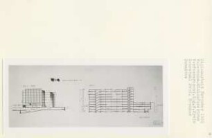 Warenhaus-Einkaufszentrum, Berlin-Mitte (Diplomarbeit bei Bernhard Hermkes): Ansicht von Osten und Schnitte 1:200