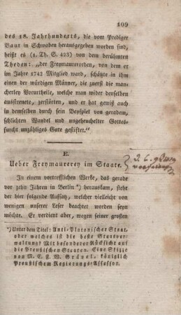 E. Ueber Freymaurerey im Staate.