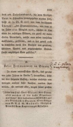 E. Ueber Freymaurerey im Staate.