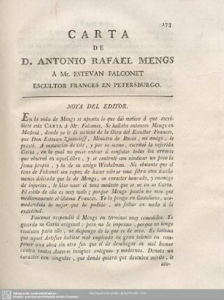 CARTA DE D. ANTONIO RAFAEL MENGS A Mr. ESTEVAN FALCONET ESCULTOR FRANCES EN PETERSBURGO.