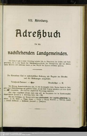 VII. Abteilung. Adreßbuch für nachstehende Landgemeinden