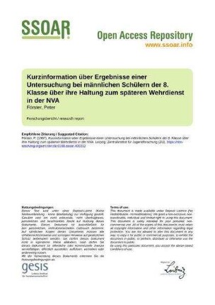 Kurzinformation über Ergebnisse einer Untersuchung bei männlichen Schülern der 8. Klasse über ihre Haltung zum späteren Wehrdienst in der NVA