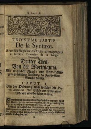 Troisieme Partie De la Syntaxe: Dritter Theil, Von der Wortfuegung