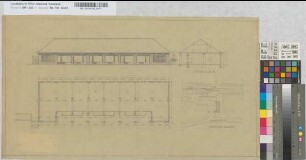 Empfangsgebäude [Bahnhof] Essen-Stadtwald: Ansicht, Grundriß, Schnitt, Lageplan [2 Exemplare], M. 1:100 und M. 1:1.000