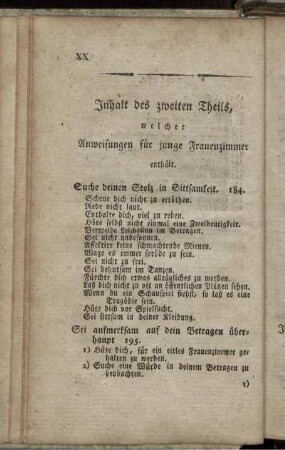 Inhalt des zweiten Theils, welcher Anweisungen für junge Frauenzimmer enthält.