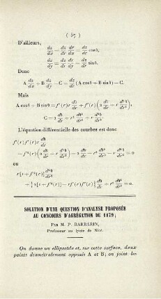 Solution d'une question d'analyse proposée au concours d'agrégation de 1879.