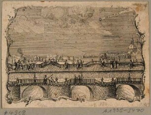 Die Elbbrücke (alte Augustusbrücke) in Dresden nach Osten, darauf Menschen, die eine Kometen beobachten