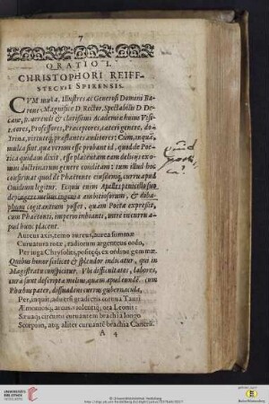 Oratio I: Christophori Reiffsteckii Spirensis
