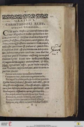 Oratio I: Christophori Reiffsteckii Spirensis