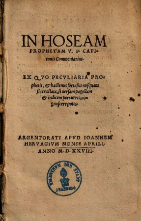 In Hoseam Prophetam V. F. Capitonis Commentarius