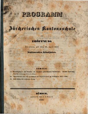 Programm der Zürcherischen Kantonsschule. 1837/38 (1838)