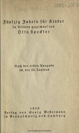 Fünfzig Fabeln für Kinder / [Wilhelm Hey.] In Bildern gezeichnet von Otto Speckter