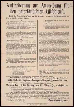 "Aufforderung zur Anmeldung für den vaterländischen Hilfsdienst" an zwischen 1857 und 1870 geborene Männer