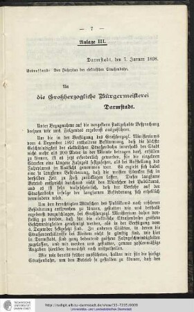 Anlage III. An die Großherzogliche Bürgermeisterei Darmstadt