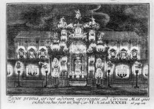 Heraeus, Carl Gustav: Inscriptiones et Symbola Varii Argumenti, 1734. Tab. I, Facies prima arcus aditum aperientis ad Circum Max qui exhibendus fuit in Imp. Car. VI. Natali XXXIII. Kupferstich; 13,4 x 19, 2 (Plattenrand). Dresden: SLUB Art.plast.2685
