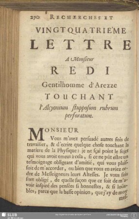 Vingtquatriéme Lettre A Monsieur Redi Gentilhomme d'Arezze Touchant l'Alcyonium stupposum rubrum perforatum