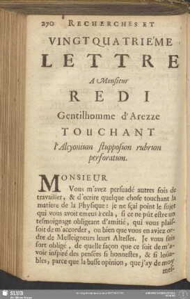 Vingtquatriéme Lettre A Monsieur Redi Gentilhomme d'Arezze Touchant l'Alcyonium stupposum rubrum perforatum