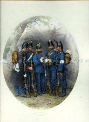 Uniformdarstellung, Porträtfoto, Infanteristen, Feldwebel, Korporal der Infanterie-Brigaden (I., Leib-, II., III. Brigade, Sachsen, 1865.