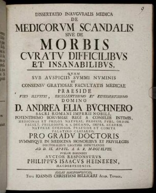 Dissertatio Inauguralis Medica De Medicorum Scandalis Sive De Morbis Curatu Difficilibus Et Insanabilibus