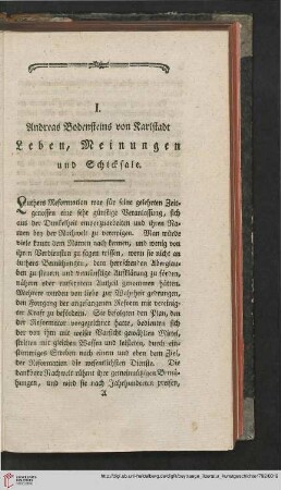 I. Andreas Bodensteins von Karlstadt: Leben, Meinungen und Schicksale