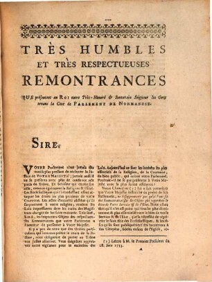 Très Humbles Remontrances Du Parlement De Normandie