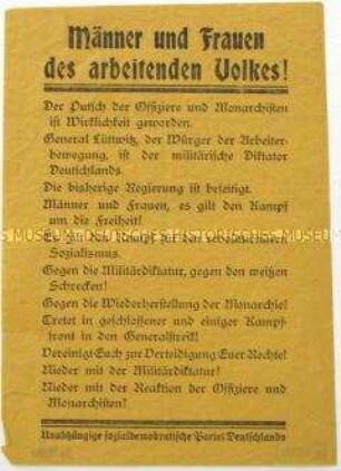 Aufruf der USPD zur Niederschlagung des Lüttwitz-Kapp-Putsches in Berlin 1920