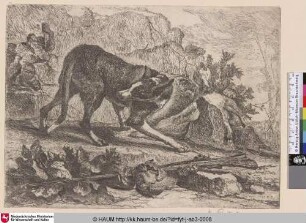 [Ein Hund mit einem Gewehr im Vordergrund; A Dog with a Gun in the Foreground]