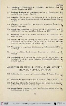 Arbeiten in Metall, Eisen, Zinn, Messing, Bronze, Kupfer, Waffen (Nr. 396-461)
