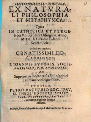 Assertiones Peripatheticae, Ex Naturali Philosophia Et Metaphysica