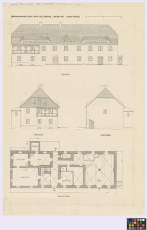 Hermannswaldau (Kreis Goldberg): Berghof. Haupthaus (Hof-Seiten-Ansicht, Süd-Giebel-Ansicht, Nord-Giebel-Ansicht, Grundriss des Erdgeschosses mit Abort)