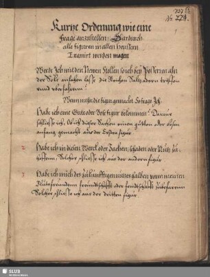 Kurtze Ordenung wie eine Frage anzustellen, dardurch alle figuren in allen heussern Examirt werden mogen