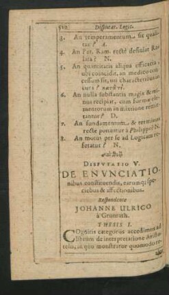 Disputatio V. De Enunciationibus constituendis ... Respondente Johanne Ulrico a Grunrath.